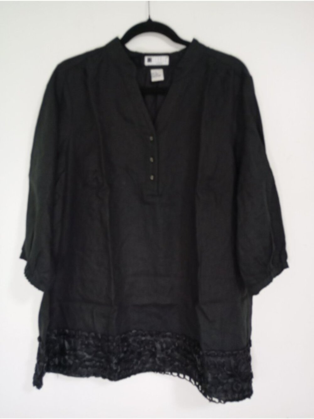 Carole Little Womens Black Linen Top Tunic Lace Hem & Button Detail Size 1X